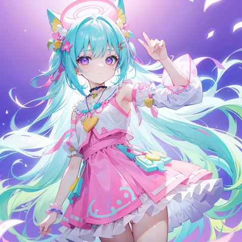 Colorful light background，long whitr hair，Has a bright pinkish-purple transparent gum texture，In pink、Wear yours with blue and white，yellow and greens，Cyan matching accessories pendant decoration，This is a very sweet and sweet loli girl