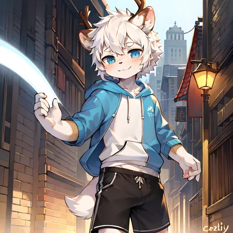 masterpiece, best quality, ultra-detailed, fine details, Solo dance,1boys,anthro,shaggy_Male,fawn_male year old boy,(white in color_furred),tuft,oiled_skin,short_Hair,blue_Eyes,white_Hair,Shorts,Hoodie, Upper body_Body_Close-up，There are horns on the head，...