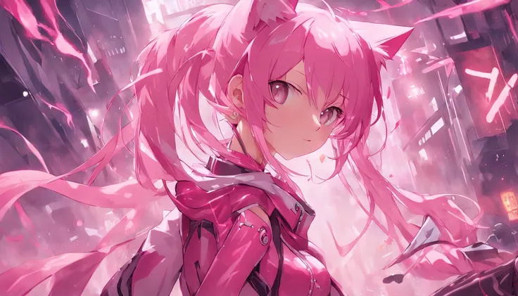 Anime girl with pink latex with cat ears and cat tail, Biomechanical OPPAI, Extremely detailed Artgerm, Best anime 4k konachan wallpaper, an oppai cyberpunk, Zerotwo, krenz cushart and artgerm, pixiv 3dcg, Kushatt Krenz Key Art Women, Art germ. High detail