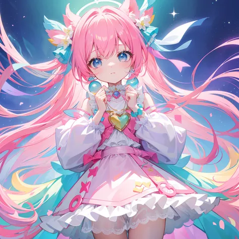 Colorful light background，long whitr hair，Has a bright pinkish-purple transparent gum texture，In pink、Wear yours with blue and white，yellow and greens，Cyan matching accessories pendant decoration，This is a very sweet and sweet loli girl