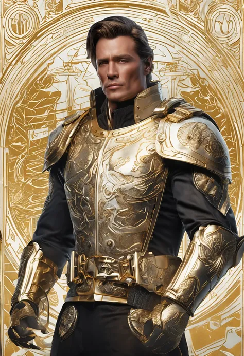 1man, a 25-year-old muscular man, the captains authority is emphasized by golden embellishments that catch the light.In the background, the opulent battle ship elegantly navigates the waters, its sleek white design complemented by vibrant deck lights. The ...