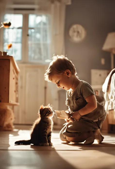 boy and girl　Cats and puppies　Playing happily　In a well-lit room　Mom is watching over