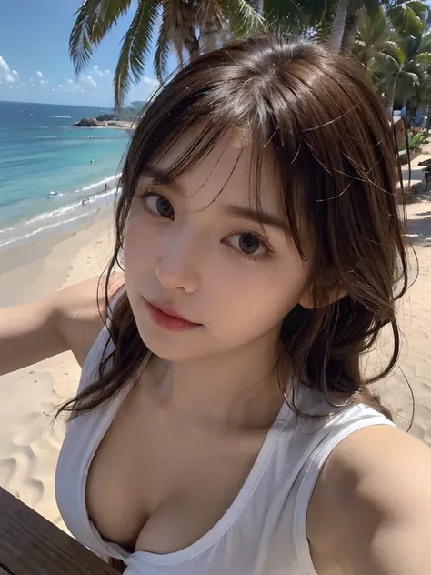 (From the top:2.0),1girl in,(Leaning forward:1.3),Light Brown Fringe Longhair、Braided hair、disheveled hair、Light brown eyes、(dignified expression)、(Extraordinary beauty)、(Colorful micro bikini),white  shirt、(cleavage cutout),(Open Shirt),(爆乳:1.5)、Emphasize...