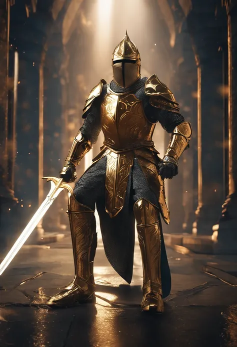 Knight wearing gleaming golden armor wielded a luminous sword that emanates a lot of light and a strong shield that the hardest rock poses for presentation best quality possivel