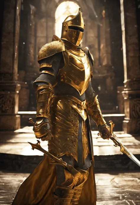 Knight wearing gleaming golden armor wielded a luminous sword that emanates a lot of light and a strong shield that the hardest rock poses for presentation best quality possivel