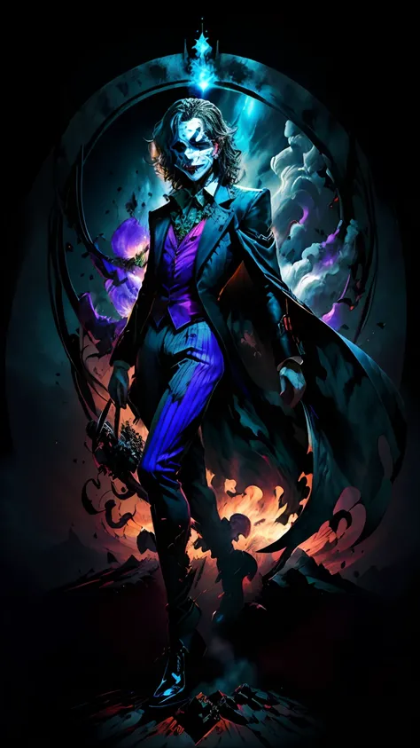 (((full body))), ((joker from dc comix, maquiagem vibrante)), sorrindo, Terno preto com detalhes prateados, Paisagem caotica, luz de fundo laranja, lightnings, chamas, fagulhas, smoke billowing, esquema de cores vivas e brilhantes, anime, illustration, Tex...