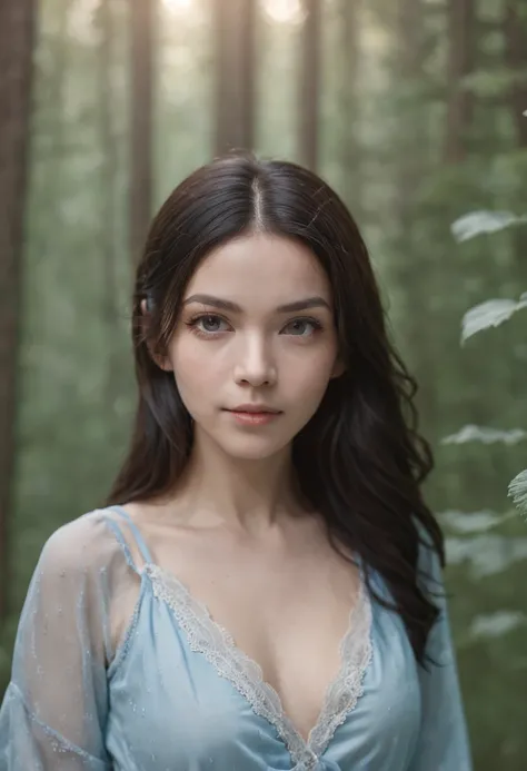 Photograph of a beautiful girl in her 20s in plain pajamas on a long light blue cloth, Everyday photo of having fun in a foggy forest, Abundant black hair, Fair skin, Beautiful eyes that sparkle, Symmetrical beautiful face, Cute and innocent face, without ...