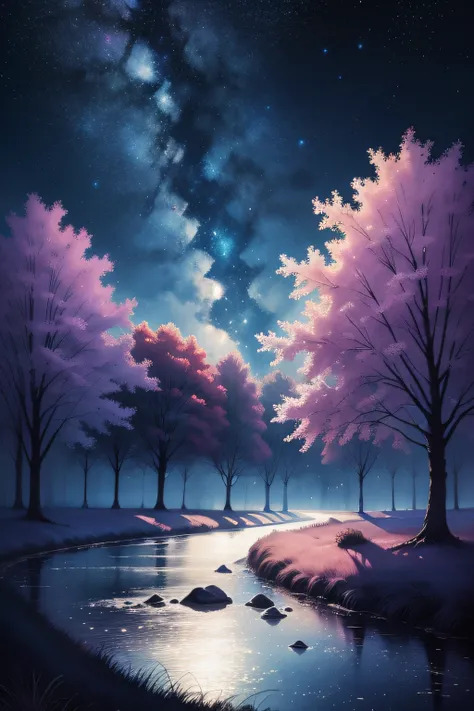 aquarelle；Landscape trees；white backgrounid；the night；starrysky；galactic；Star Sky；colorful；themoon