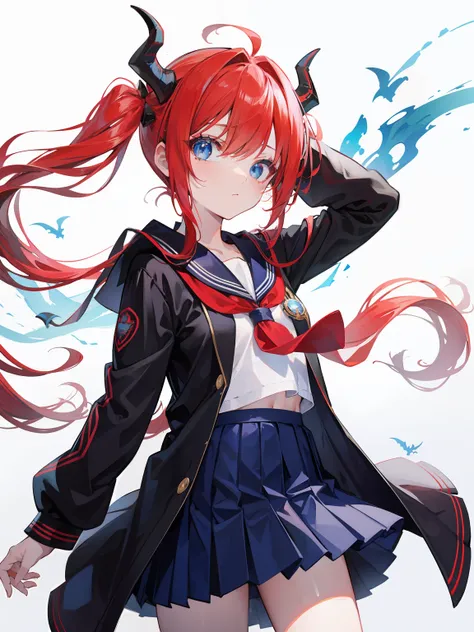 red hair, blue eyes, twintails, Sailor suit,black coat, Dragon horns,Pleated skirt,solo,loli,cute,bow