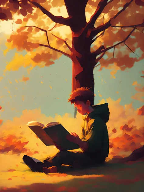 a young boy sits under a tree reading a book, in the autumn, a painting by Atey Ghailan, cgsociety, plein air, concept art, low poly, digital painting