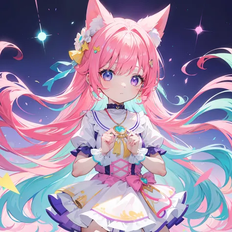 Colorful light background，long whitr hair，Has a bright pinkish-purple transparent gum texture，In pink、Wear yours with blue and white，yellow and greens，Cyan matching accessories pendant decoration，This is a very sweet and sweet loli girl