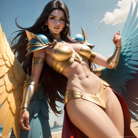 Patricia velasquez como a personagem de desenho animado SHE RA,Armadura Dourada,espada,Terra de Eternia, colorful bird wings