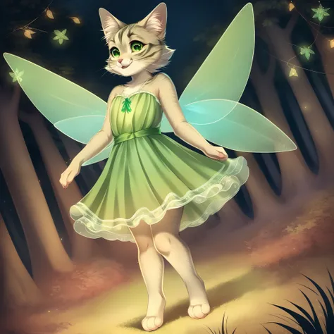 kallie, cat anatomy, anthropomorphic, standing on hind legs, flying, in a magical forest, at night, fairy lights, wearing green fairy dress, elegant fairy wings, smiling, glowing green eyes, highly detailed, by fumiko, by hyattlen, cute paws for hands, paw...