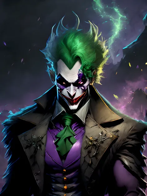 (((full body))), ((joker from dc comix, maquiagem vibrante)), sorrindo, Terno preto com detalhes prateados, Paisagem caotica, luz de fundo laranja, lightnings, chamas, fagulhas, smoke billowing, esquema de cores vivas e brilhantes, anime, illustration, Tex...