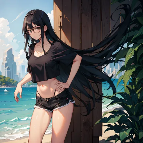 1girl,black skin,girl,long black hair,brazilian,eyes,round glasses,medium boobs,medium hips,photo,standing,ripped shorts,black cropped