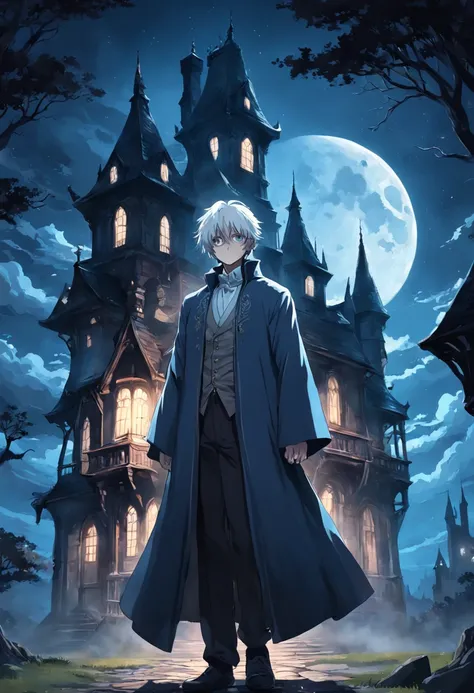 darkly, The old Victorian house stands alone in the moonlight,The color is bright，dark night background，Men around 12 years old，White color hair，Light blue eyes，long white robe，Castle at the back，Harry Potter style wizard，Tender，apathy