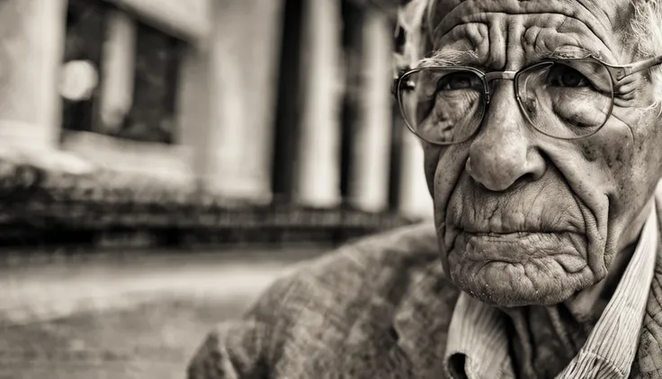 A foto foca no rosto do idoso, capturing the essence of your emotions in a contrasting environment. He is inside a luxury hotel, where opulence and refinement are predominant, But his simple appearance and tired expression stand out. The elderly is portray...