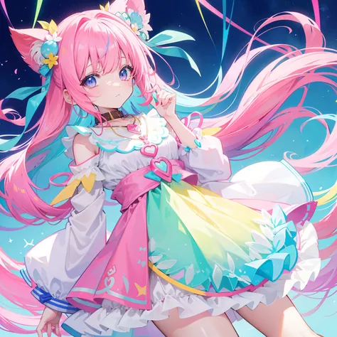 Colorful light background，long whitr hair，Has a bright pinkish-purple transparent gum texture，In pink、Wear yours with blue and white，yellow and greens，Cyan matching accessories pendant decoration，This is a very sweet and sweet loli girl