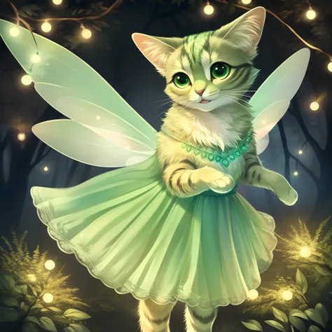 kallie, cat anatomy, feral, anthropomorphic, standing on hind legs, flying, in a magical forest, at night, fairy lights, wearing green fairy dress, elegant fairy wings, smiling, glowing green eyes, highly detailed, by fumiko, by hyattlen, cute paws for han...