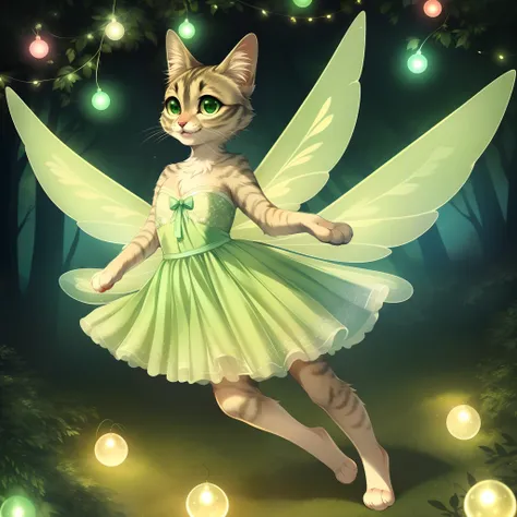 kallie, cat anatomy, feral, anthropomorphic, standing on hind legs, flying, in a magical forest, at night, fairy lights, wearing green fairy dress, elegant fairy wings, smiling, glowing green eyes, highly detailed, by fumiko, by hyattlen, cute paws for han...