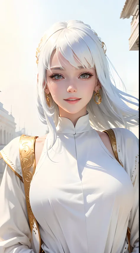 best quality, white hair, gold eyes, white clothes, looking up, upper body, hair strand, Fair skin, smiling