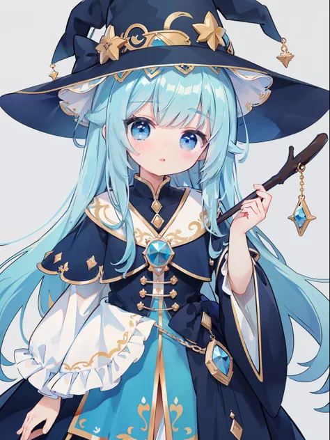 extremely detailed CG unified 8k wallpaper, very fine 8KCG wallpaper, absurderes，Lori ，Best Quality ，ultra-detailliert ，Beautiful face  ，​masterpiece、​masterpiece、Top image quality、top-quality、lightblue hair、Light blue witch costume、witchs hat、Light blue f...