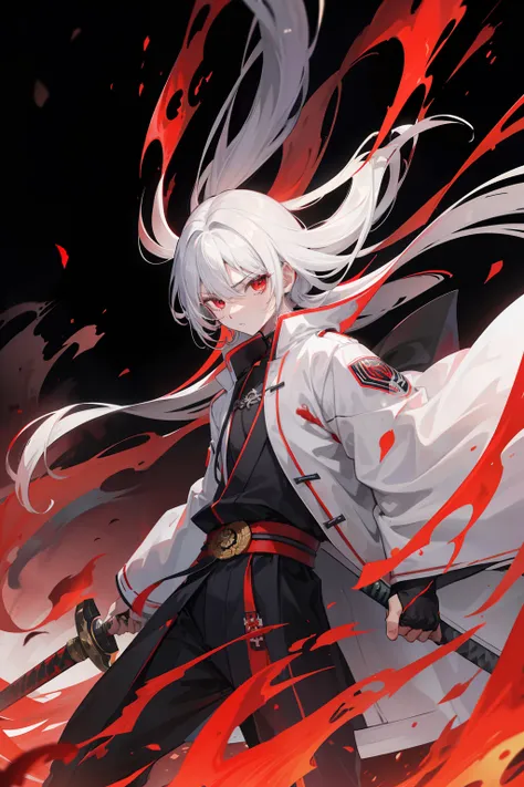 cabelos preto e longos，Red-eyed teenage man，Stand on an empty street at night，extreme hight detail，White jacket，Black Hakama，Aoba Ori，Holding a huge blood-colored weapon in one hand，A Japanese style，Intimidating，Engulfed in flames、Sword