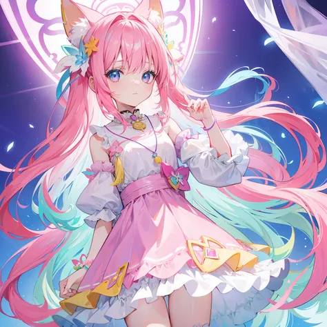 Colorful light background，long whitr hair，Has a bright pinkish-purple transparent gum texture，In pink、Wear yours with blue and white，yellow and greens，Cyan matching accessories pendant decoration，This is a very sweet and sweet loli girl