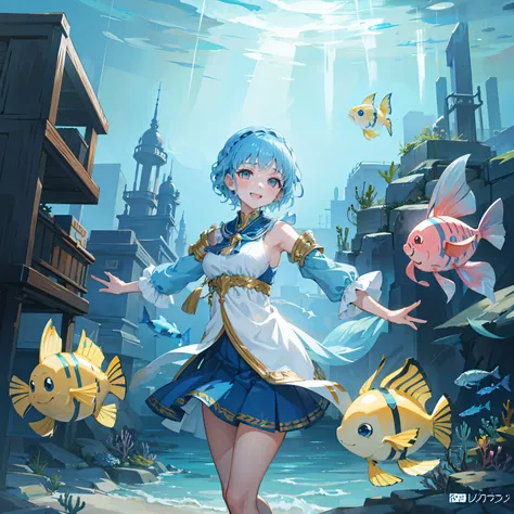 Master piece, high quality, best detail, a woman with light blue short hair, big eyes, big smile, dance under the sea, many colorful fishes, fantasy anime