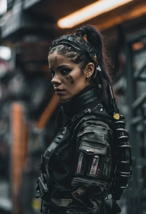 um close up de uma pessoa em um top preto e algumas armas, Fotografia de uma mulher techwear, cargo pants. CIDADE CYBERPUNK, menina soldado mecanizado, usando top preto e armaduras, roupa cyberpunk, Post-apocalyptic vibrations, Todas as roupas pretas cyber...