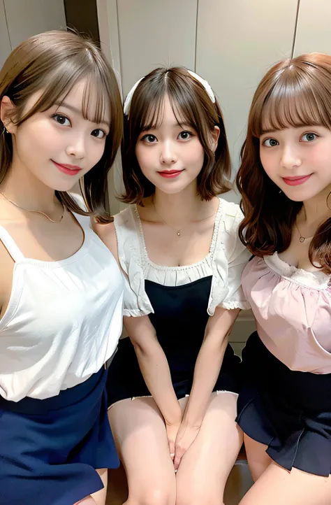 ​masterpiece, Better Quality, hight resolution, Three girls side by side、harems、One is a short bob、One is curly hair、Naked apron、Dye your hair、a blond、a short skirt、Pink camisole、Waki、Navel、full body Esbian、the kiss、Curly hair, A smile,happily face,,(huge-...