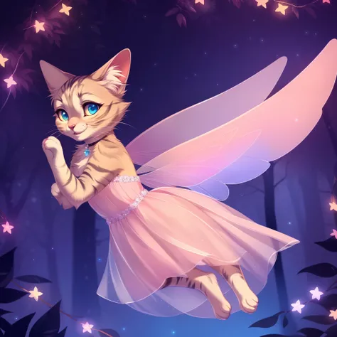 kallie, cat anatomy, feral, anthropomorphic, flying, in a magical forest, at night, fairy lights, wearing fairy dress, elegant fairy wings, smiling, glowing eyes, highly detailed, by fumiko, by hyattlen, cute paws for hands, paws, good cat anatomy