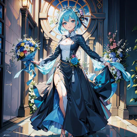 Master piece, high quality, best detail, a woman with light blue short hair, big eyes, big smile, walk in the wedding hall with dress, many colorful flowers