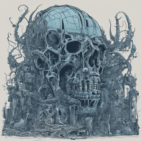 an illustration of Roblox The Mimic Horror, inspired by H.R. Giger, featuring a biomechanical landscape with twisted structures. Cold blue hues dominate the scene, eerie facial expressions add tension. Harsh backlighting enhances the surreal atmosphere.