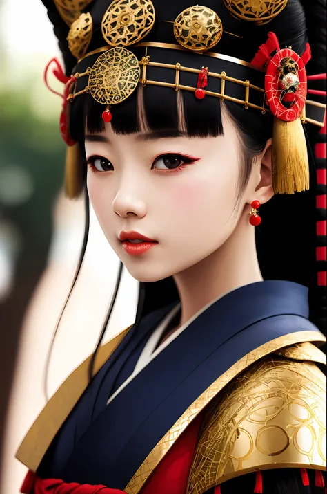 a beautiful girl in intricate (samurai armor:1. 1), 3/4 portarait, highly detailed, ultra-realistic, close up, pores, patterns, gold, shiny, cinematic lighting, 35mm f1. 4, fuji color film