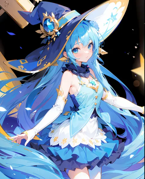 anime girl with blue hair and a blue hat and blue dress, zerochan art, trending on artstation pixiv, witchs hat, fantasy witch flowing dress, masterpiece, best quality, beautiful face, sparkling eyes, celestial dark background