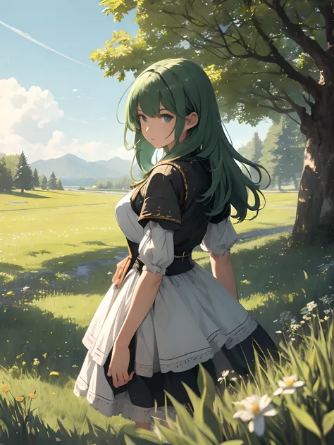 In a green meadow stands a girl leading a group of knights.
BREAK
With a brave expression, she guides them towards their destination.
BREAK
Behind her, a green forest stretches out and beyond that, mountains rise in the distance.
BREAK
The most suitable ef...