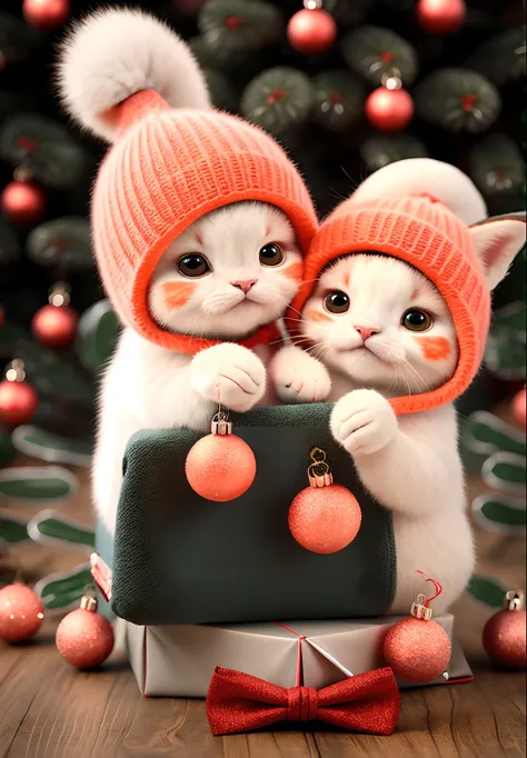 An orange cat in a Christmas dress with a bow and a gift box with a pink bow tie and a baby deer in a Christmas hat.