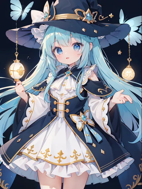 extremely detailed CG unified 8k wallpaper, very fine 8KCG wallpaper, absurderes，Lori ，Best Quality ，ultra-detailliert ，Beautiful face  ，​masterpiece、​masterpiece、Top image quality、top-quality、lightblue hair、Light blue witch costume、witchs hat、Light blue f...