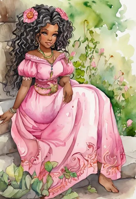 (black) girl, (pink) (curly) (braid) hair, (pink and Green) dress, (chubby) (dwarf) body, (witch) rpg