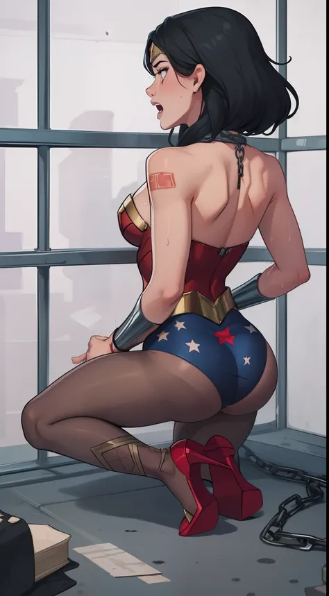 (((Back view))) ((Shes standing, tiptoeing)) ((She has her hands cuffed and her arms behind her back)), ((She is painfully restrained by strong police officers)) (Shes wearing stiletto high heels) ((WONDER WOMAN SUPERHEROINE TORTURED IN PRISON)) Shes sweat...