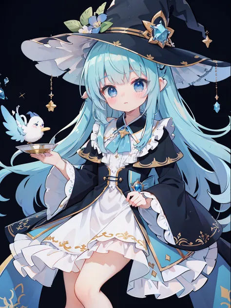 extremely detailed CG unified 8k wallpaper, very fine 8KCG wallpaper, absurderes，Lori ，Best Quality ，ultra-detailliert ，Beautiful face  ，​masterpiece、​masterpiece、Top image quality、top-quality、lightblue hair、Light blue witch costume、witchs hat、Light blue f...