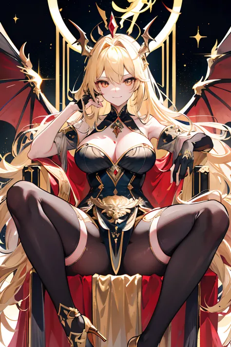 Royal Sister，femele，a queen，Wearing a crown，There are a lot of golden lightning bolts around，seated on a throne，bangs covering eyes，black suspenders stockings，Black lace top，Blonde hair that reaches to the waist，high-heels，Holding Erlangs legs，，Black silk ...