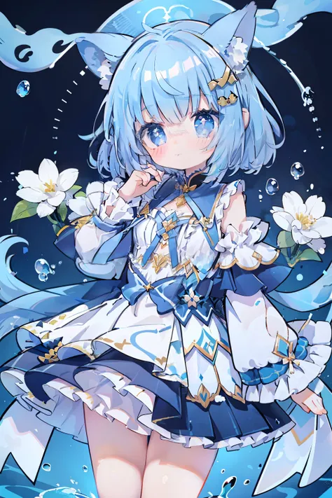 1girl in、deadpan、full bodyesbian、Flower-shaped pupils、light blue  eyes、Medium hair up to the chest、The tips of the hair are bouncing、Pattsun bangs、lightblue hair、Shoulder and off-shoulder、Long sleeves、constellation、water magic、Blue Ribbon Headband、splash w...