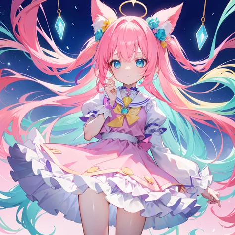 Colorful light background，long whitr hair，Has a bright pinkish-purple transparent gum texture，In pink、Wear yours with blue and white，yellow and greens，Cyan matching accessories pendant decoration，This is a very sweet and sweet loli girl