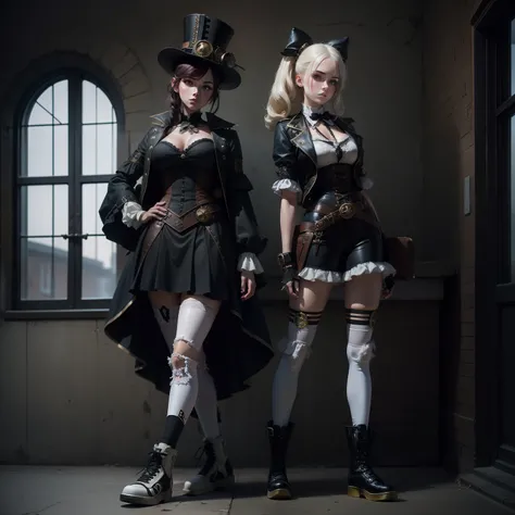 two steampunk girls, doc martins old school high-top white basketball shoes dark fantasy 90s anime Victorian steampunk