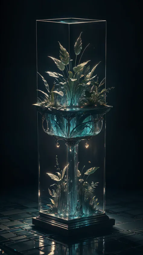 masterpiece of glass sculpture with plants inside, water, glowing, fantasy, high quality, high detail, best quality, rtx, 4k, 8k,