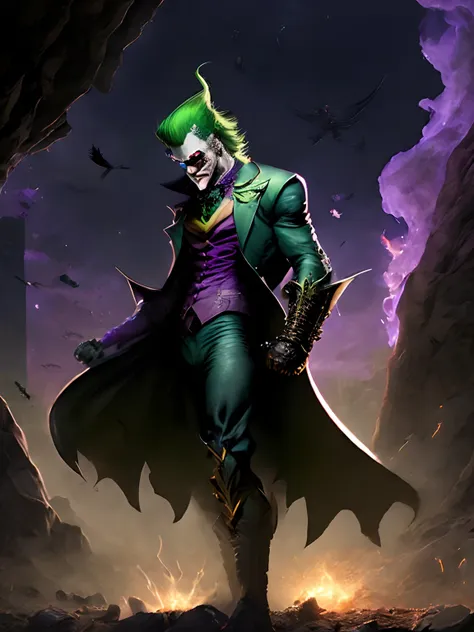 (((full body))), ((joker from dc comix, maquiagem vibrante)), sorrindo, terno preto com detalhes prateados, paisagem caotica, lu...