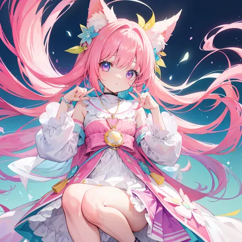 Colorful light background，long whitr hair，Has a bright pinkish-purple transparent gum texture，In pink、Wear yours with blue and white，yellow and greens，Cyan matching accessories pendant decoration，This is a very sweet and sweet loli girl