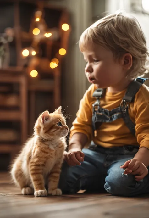 Two children　boy and girl　2 pets　Cats and puppies　Playing happily　In a well-lit room　food